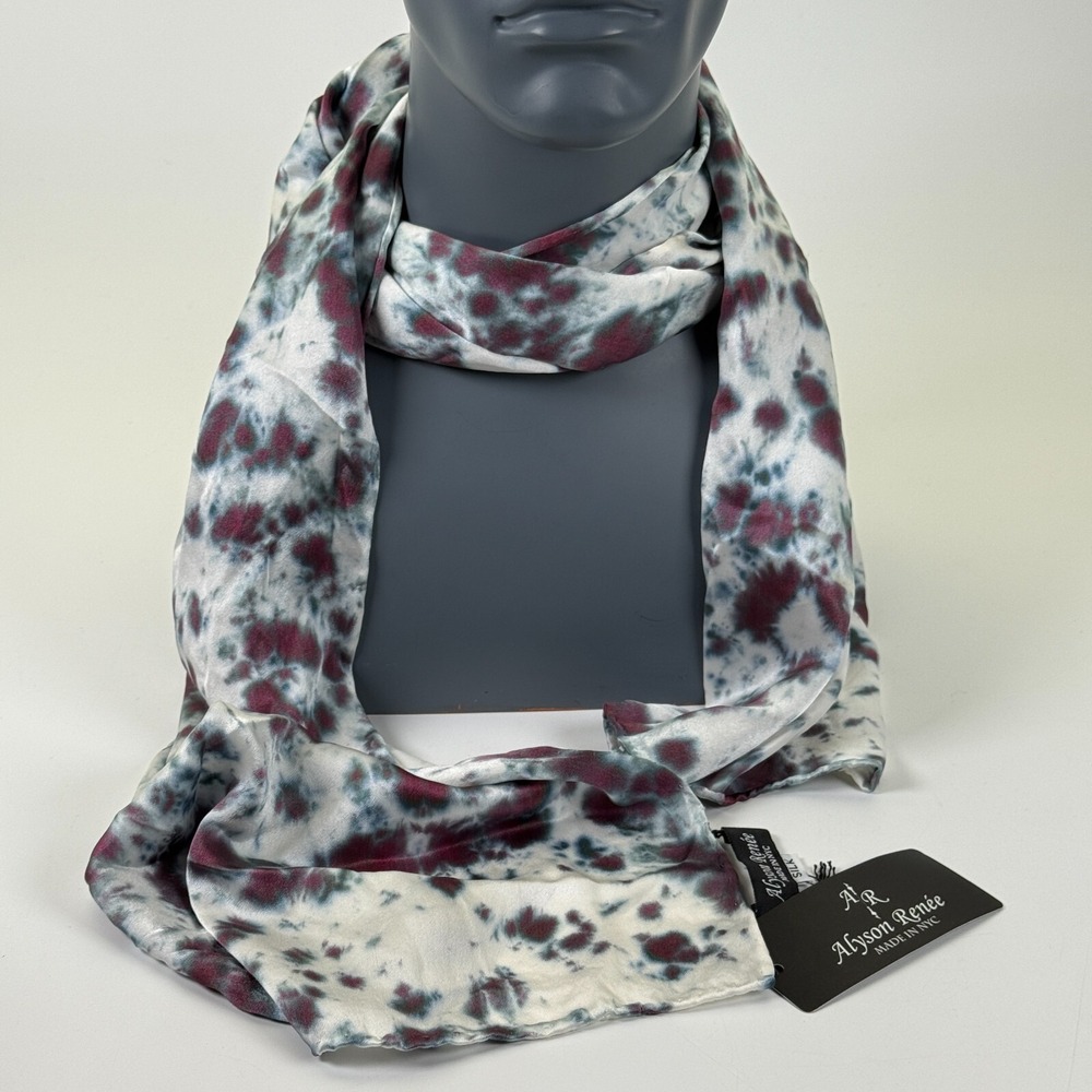 Alyson Renee New York Silk‎ Scarf Tie Dye White Purple Blue 11" x 53" Boho Chic